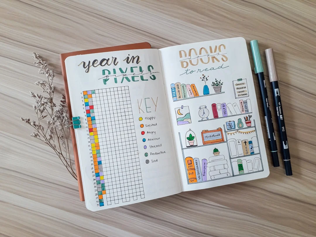 A bullet journal spread with a monthly mood tracker, habit dots, and a gratitude page